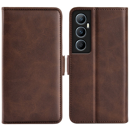 Brown leather horizontal flip phone case with magnetic closure, triple camera cutouts