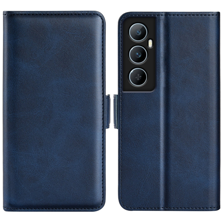Dark blue leather horizontal flip phone case with magnetic closure, triple camera cutouts