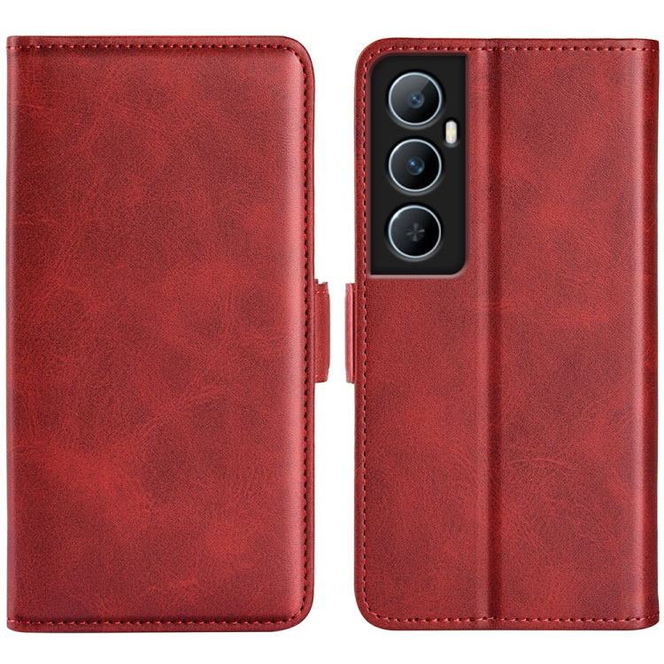Red leather horizontal flip phone case with magnetic closure, triple camera cutouts