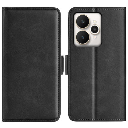 Magnetic flip leather phone case with horizontal buckle, black dual-side cover, camera cutout.