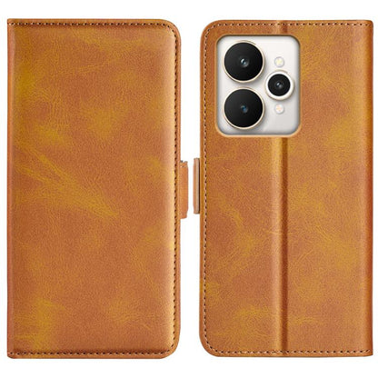 Magnetic flip leather phone case with horizontal buckle, tan yellow dual-side cover, camera cutout.