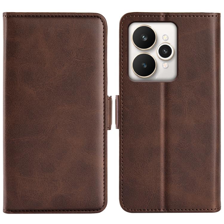 Magnetic flip leather phone case with horizontal buckle, brown dual-side cover, camera cutout.