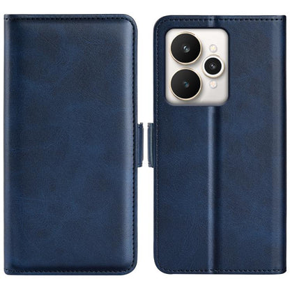 Magnetic flip leather phone case with horizontal buckle, dark blue dual-side cover, camera cutout.