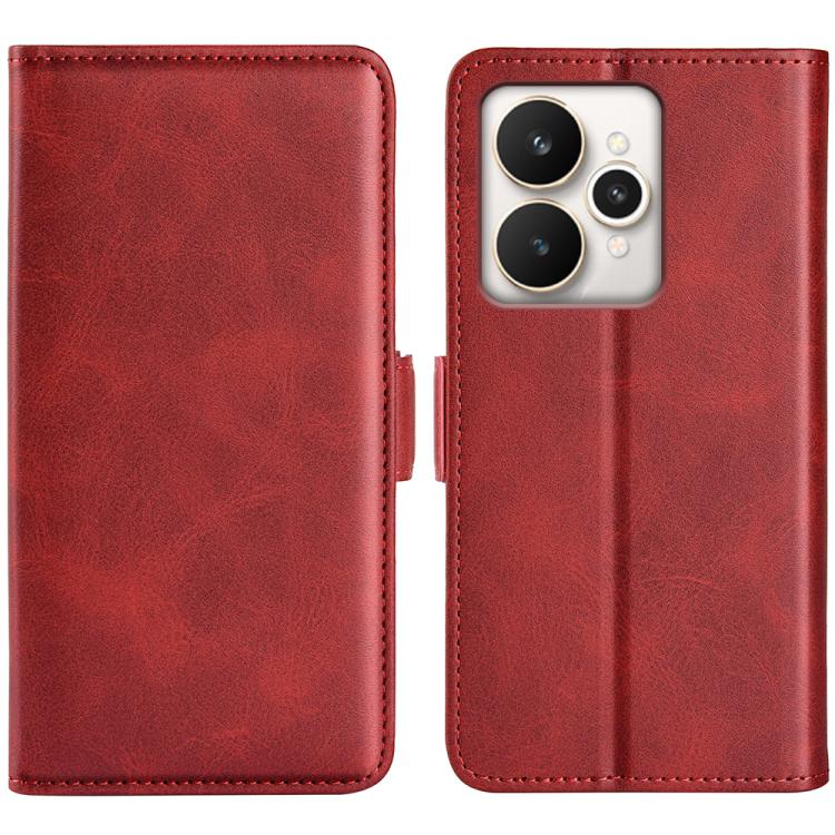 Magnetic flip leather phone case with horizontal buckle, red dual-side cover, camera cutout.