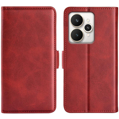 Magnetic flip leather phone case with horizontal buckle, red dual-side cover, camera cutout.