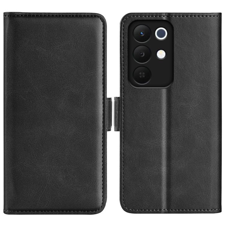 Magnetic flip leather phone case with horizontal buckle, black dual-side cover.