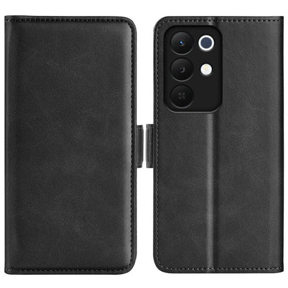 Magnetic flip leather phone case with horizontal buckle, black dual-side cover.