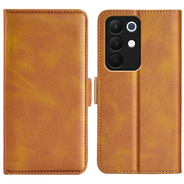 Magnetic flip leather phone case with horizontal buckle, tan yellow dual-side cover.