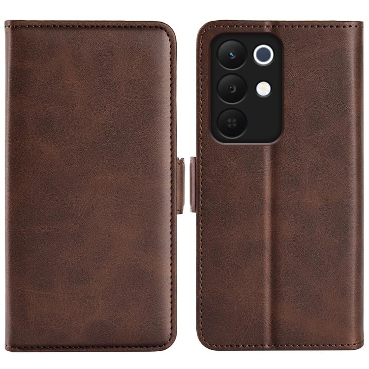 Magnetic flip leather phone case with horizontal buckle, brown dual-side cover.