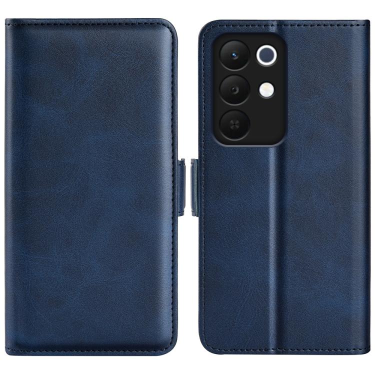 Magnetic flip leather phone case with horizontal buckle, dark blue dual-side cover.
