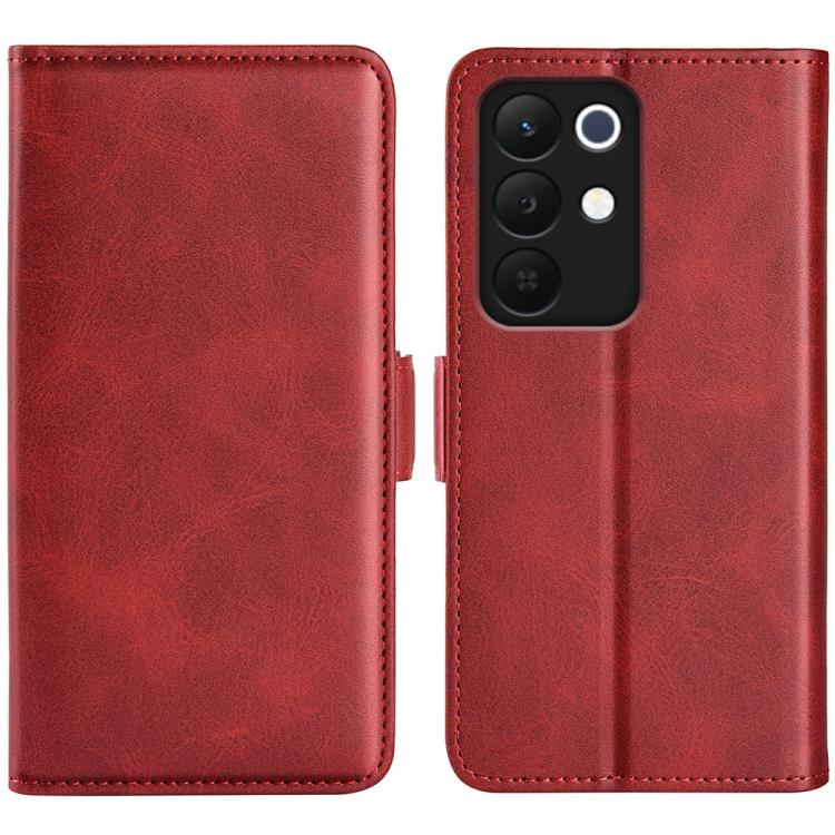 Magnetic flip leather phone case with horizontal buckle, red dual-side cover.