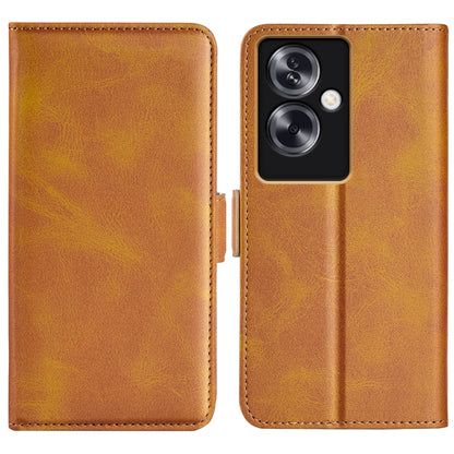 Tan leather flip phone case with magnetic buckle and camera cutout