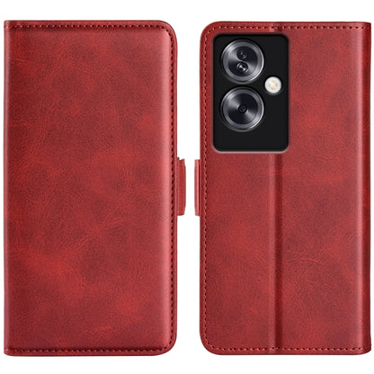 Red leather flip phone case with magnetic buckle and camera cutout
