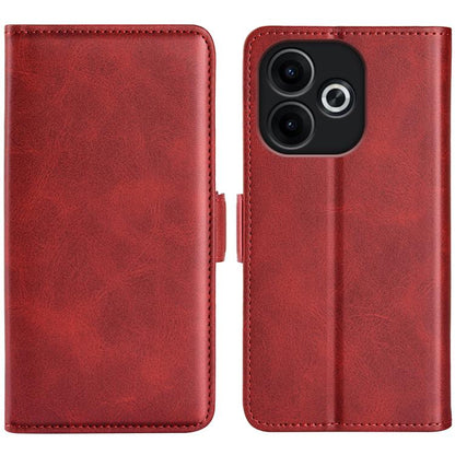 Red leather flip phone case with magnetic buckle, camera cutout with ring