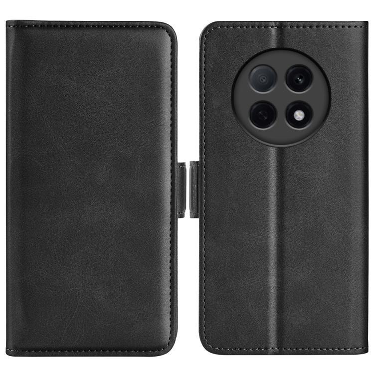 Black leather flip phone case with magnetic buckle, wallet style, camera cutout
