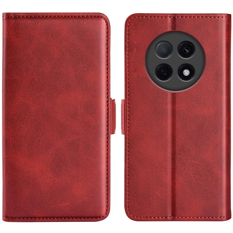 Red leather flip phone case with magnetic buckle, wallet style, camera cutout