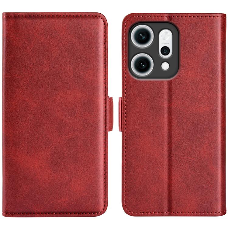 Red leather magnetic flip phone case with stitched edges and dual camera cutout