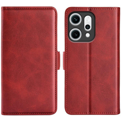 Red leather magnetic flip phone case with stitched edges and dual camera cutout