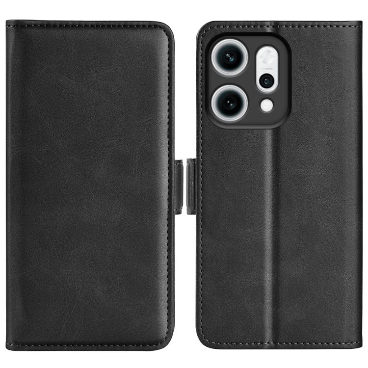 Black wallet-style magnetic flip phone case with stitched trim and dual camera cutout