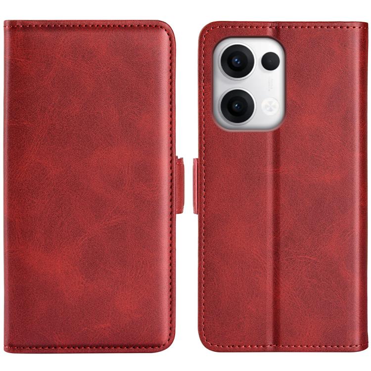 Dual-side magnetic flip leather phone case, red, open folio with camera cutout
