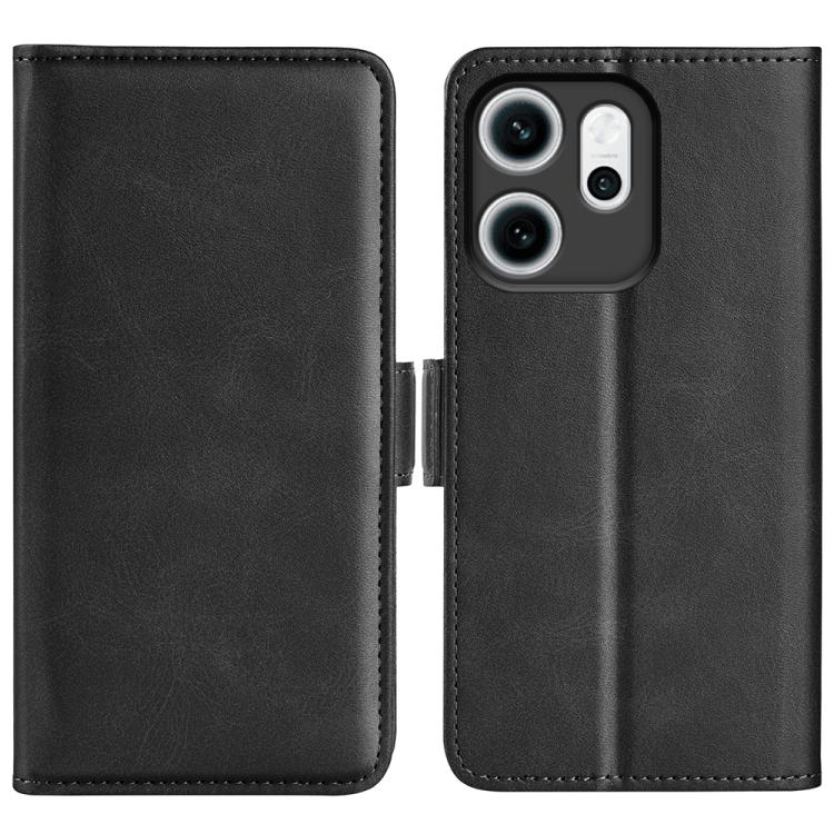 Black leather flip phone case with magnetic buckle and stitched edges