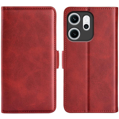 Red leather flip phone case with magnetic buckle and stitched edges