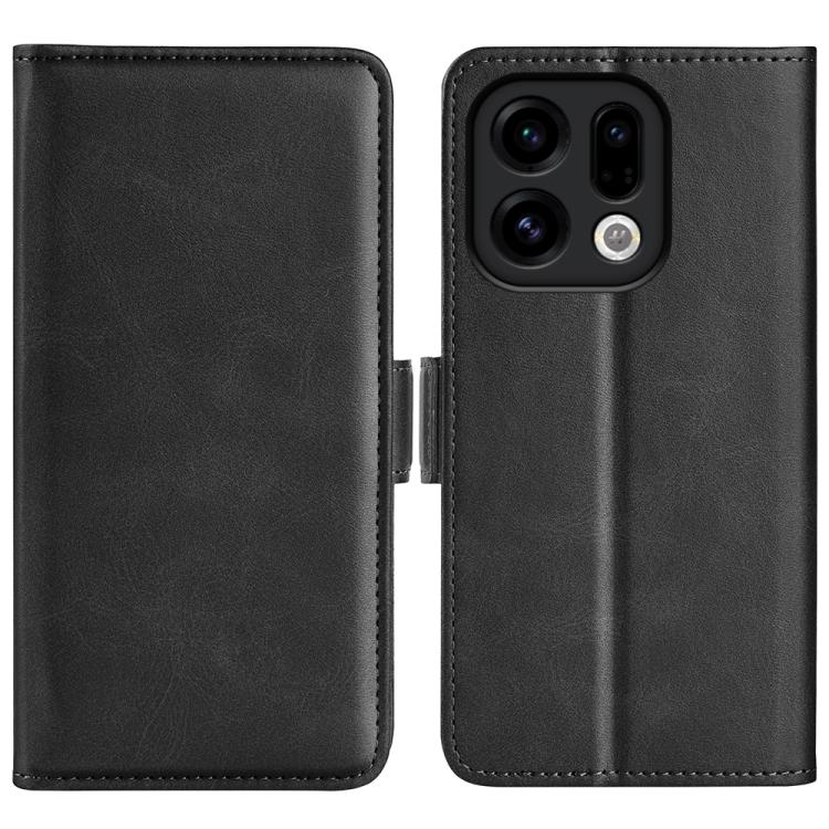 Black dual-side magnetic flip leather phone case with stitched edges and camera cutout