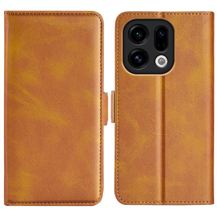 Tan/yellow dual-side magnetic flip leather phone case with stitched edges and camera cutout