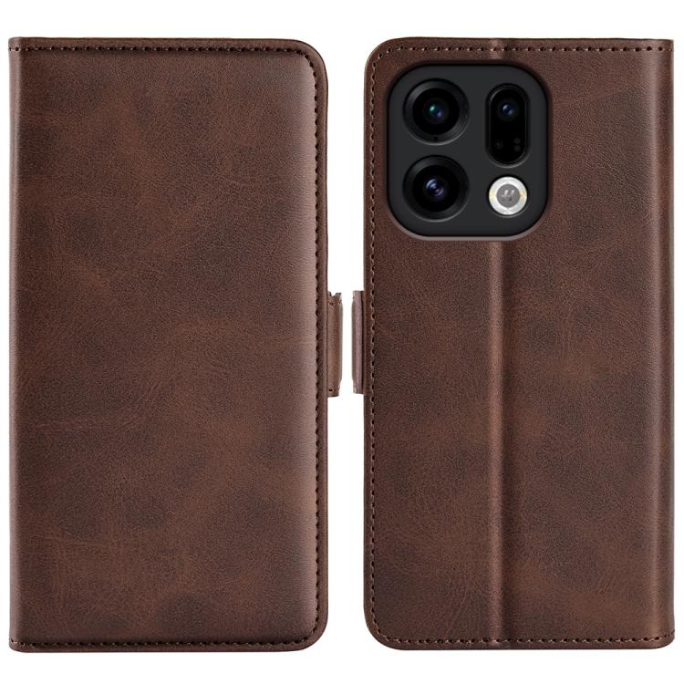 Brown dual-side magnetic flip leather phone case with stitched edges and camera cutout
