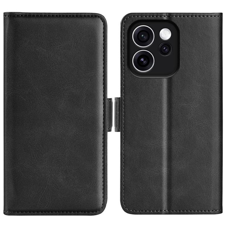 Black leather flip phone case with magnetic buckle, open dual covers and camera cutout