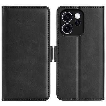 Black leather flip phone case with magnetic buckle, open dual covers and camera cutout
