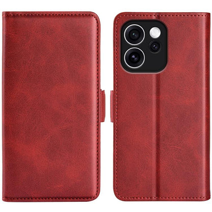 Red leather flip phone case with magnetic buckle, open dual covers and camera cutout