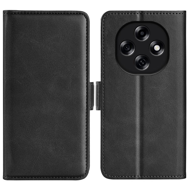 Black leather flip phone case with magnetic buckle; camera cutout and stitched edges.