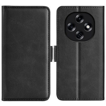 Black leather flip phone case with magnetic buckle; camera cutout and stitched edges.