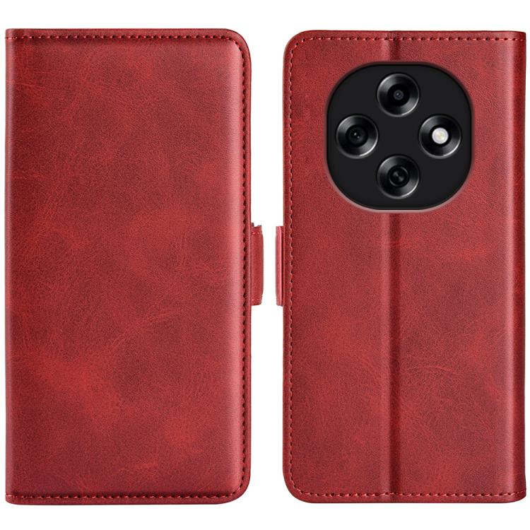 Red leather flip phone case with magnetic buckle; stitched wallet cover with camera cutout.