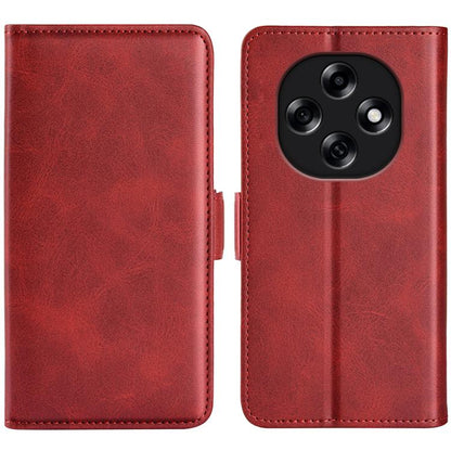 Red leather flip phone case with magnetic buckle; stitched wallet cover with camera cutout.