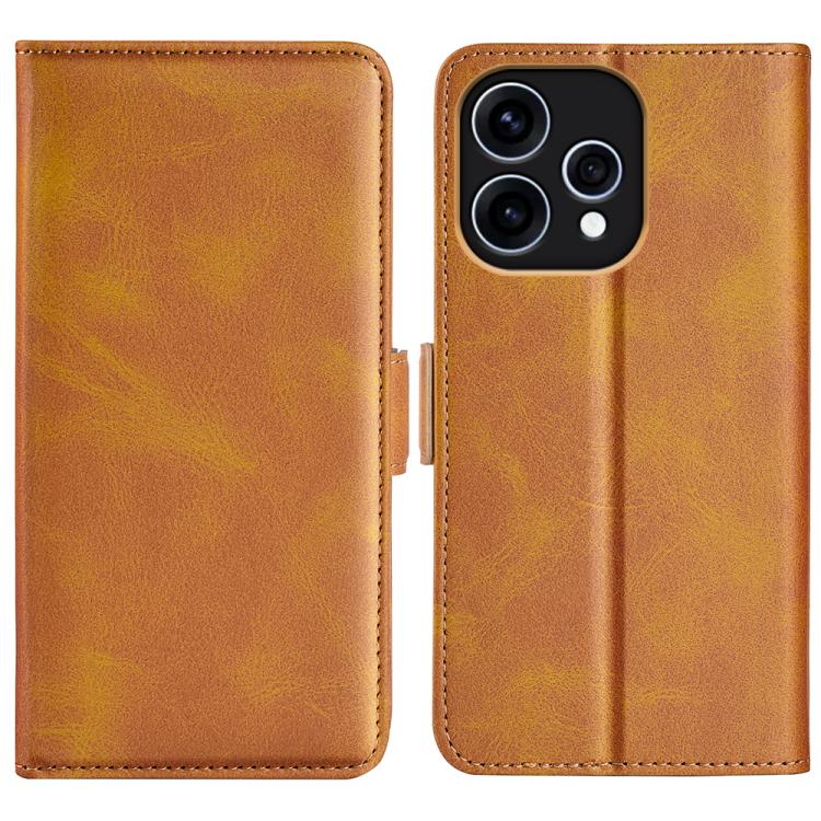 Tan/brown leather flip phone case with magnetic buckle; two-piece wallet cover.