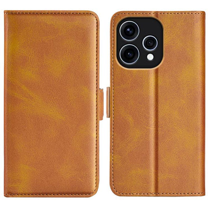 Tan/brown leather flip phone case with magnetic buckle; two-piece wallet cover.