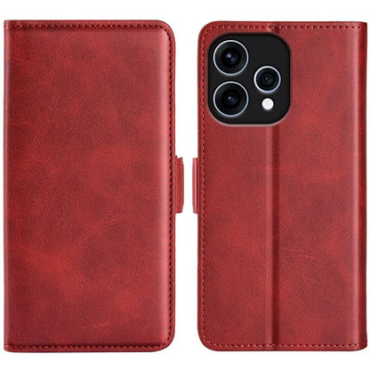 Red leather flip phone case with magnetic buckle; stitched wallet cover for camera cutout.