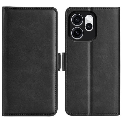 Black leather flip phone case with magnetic buckle, open dual covers and camera cutout
