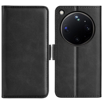 Black leather flip phone case with magnetic clasp, dual-side design and large camera cutout
