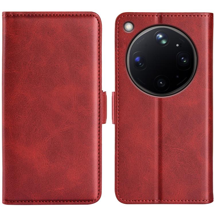 Red leather flip phone case with magnetic clasp, dual-side design and large camera cutout