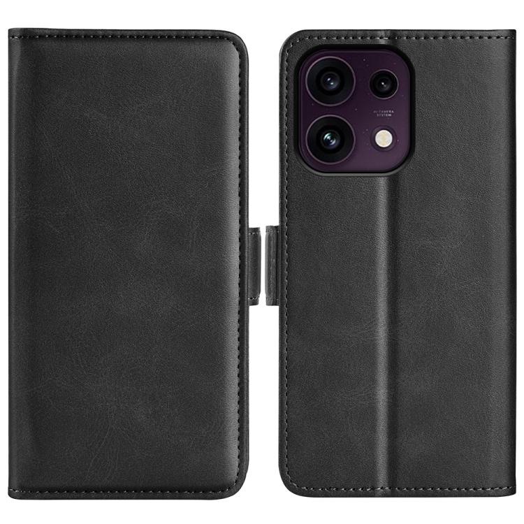 Black leather flip phone case with dual-side magnetic buckle, phone back visible