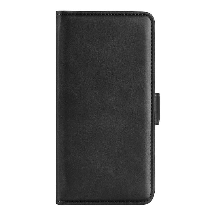 Black leather flip phone case with magnetic buckle closure, front cover closed