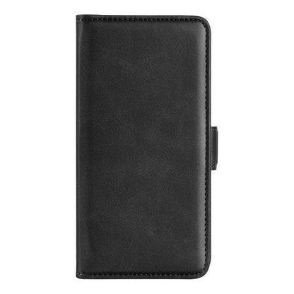 Black leather flip phone case with magnetic buckle closure, front cover closed