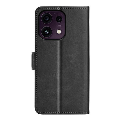 Black leather flip phone case with magnetic buckle, phone camera cutout visible