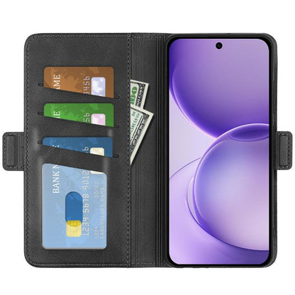 Black leather folio phone case with card slots and magnetic buckle, phone front shown