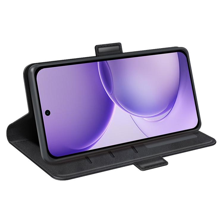 Black leather flip phone case with magnetic buckle, kickstand viewing angle