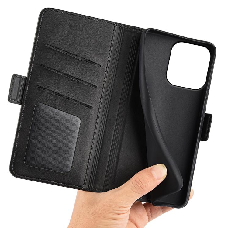 Black leather flip phone case interior with card holder slots and magnetic buckle