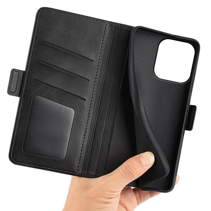 Black leather flip phone case interior with card holder slots and magnetic buckle